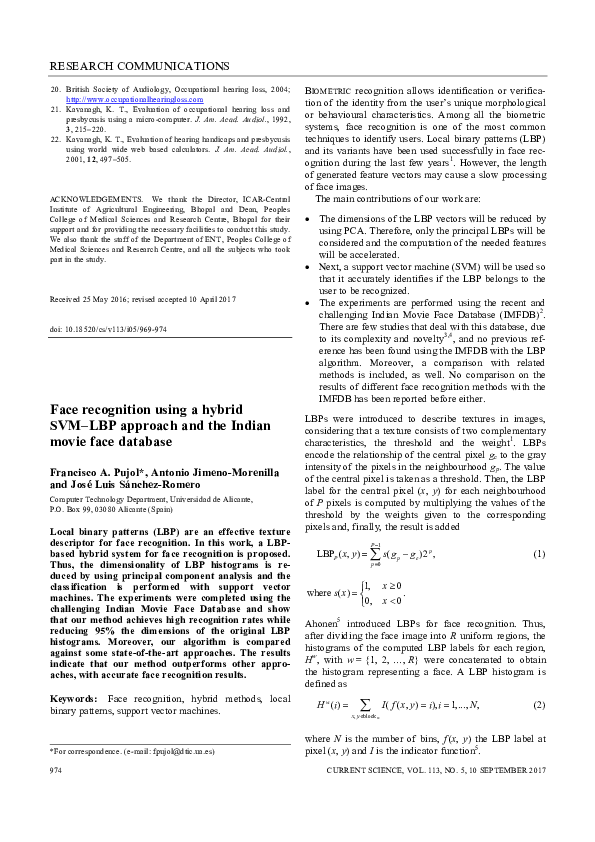 (PDF) Face Recognition Using a Hybrid SVM–LBP Approach and the Indian ...