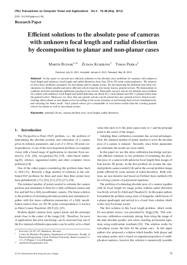 (PDF) Efficient solutions to the absolute pose of cameras with unknown ...