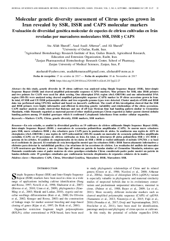 (PDF) Molecular genetic diversity assessment of Citrus species grown in ...