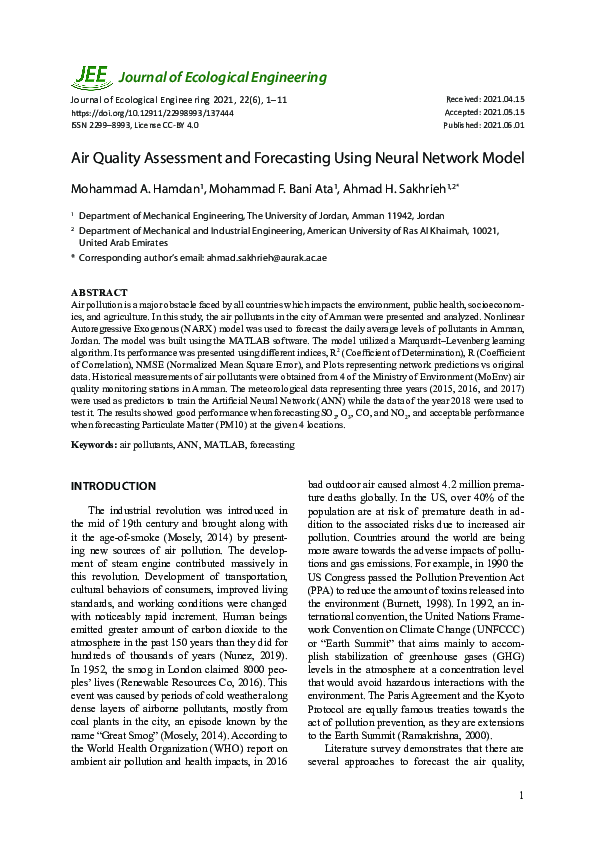 (PDF) Air Quality Assessment and Forecasting Using Neural Network Model