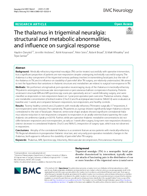 (PDF) The thalamus in trigeminal neuralgia: structural and metabolic ...