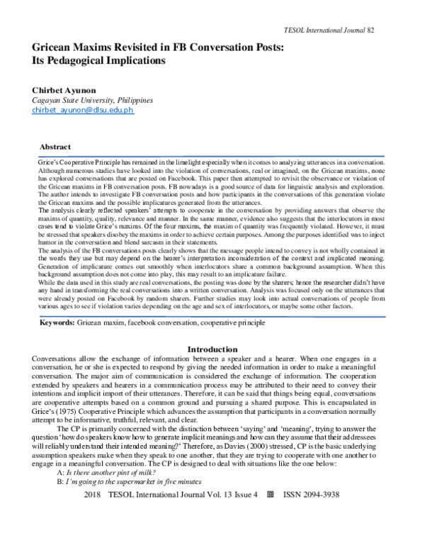 (PDF) Gricean Maxims Revisited in FB Conversation Posts: Its ...