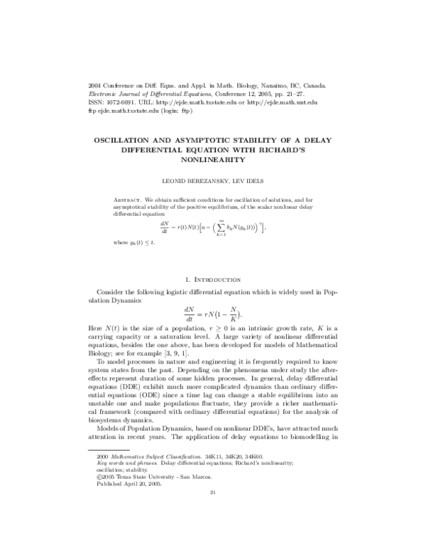 (PDF) Oscillation and Asymptotic Stability of a Delay Differential ...