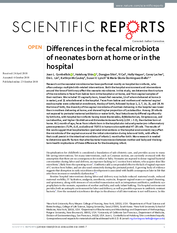 (PDF) Differences in the fecal microbiota of neonates born at home or ...