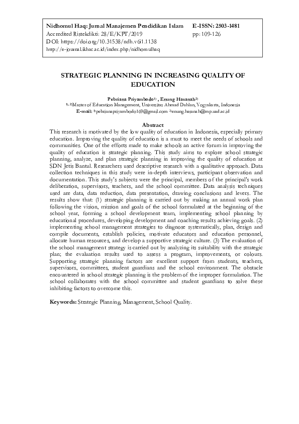 (PDF) Strategic Planning in Increasing Quality of Education