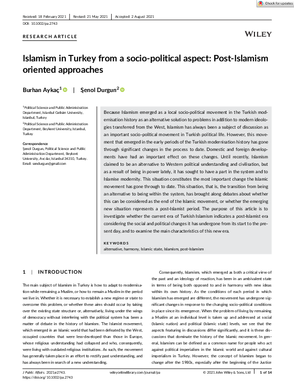 (PDF) Islamism in Turkey from a socio-political aspect: Post-Islamism ...