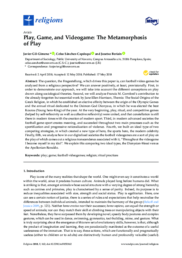 (PDF) Play, Game, and Videogame: The Metamorphosis of Play