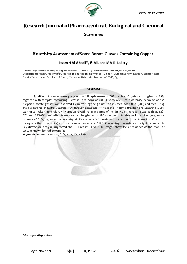 (PDF) Bioactivity Assessment of Some Borate Glasses Containing Copper