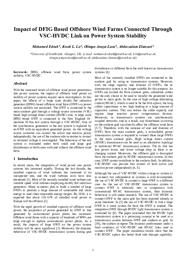 (PDF) Impact of DFIG Based Offshore Wind Farms Connected Through VSC ...