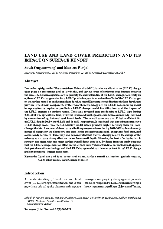 (PDF) Land Use and Land Cover Prediction and Its Impact on Surface Runoff