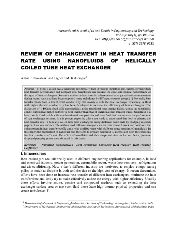 (PDF) Review of enhancement in heat transfer rate using nanofluids of ...