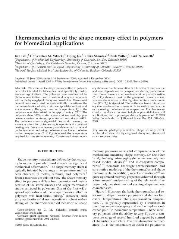 (PDF) Thermomechanics of the shape memory effect in polymers for ...