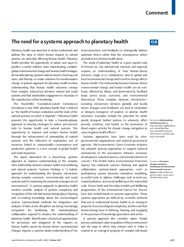 (PDF) The need for a systems approach to planetary health