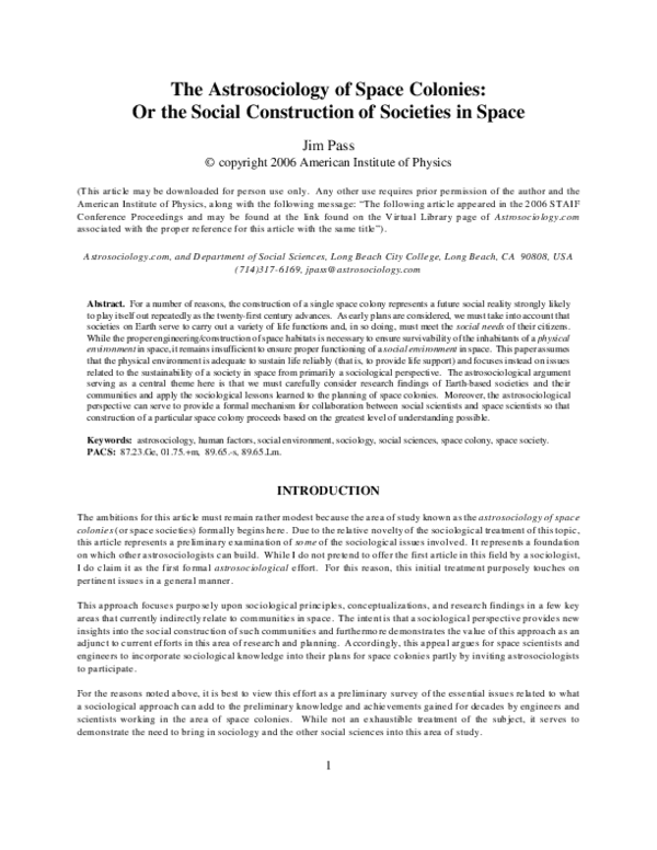 (PDF) The Astrosociology of Space Colonies: Or the Social Construction ...