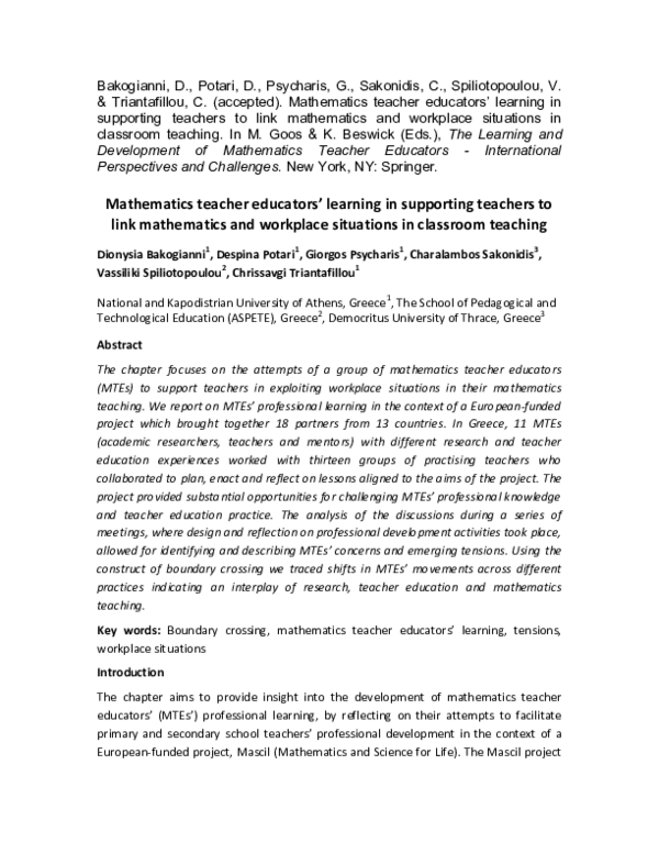 (PDF) Mathematics Teacher Educators’ Learning in Supporting Teachers to ...