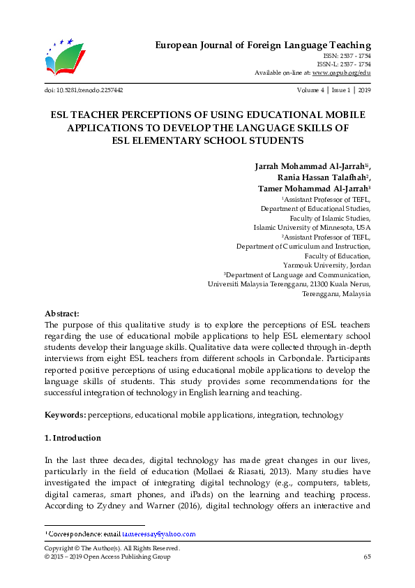 (PDF) Esl Teacher Perceptions of Using Educational Mobile Applications ...