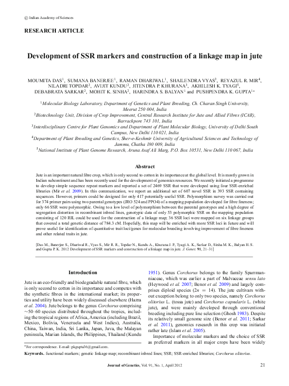 (PDF) Development of SSR markers and construction of a linkage map in jute