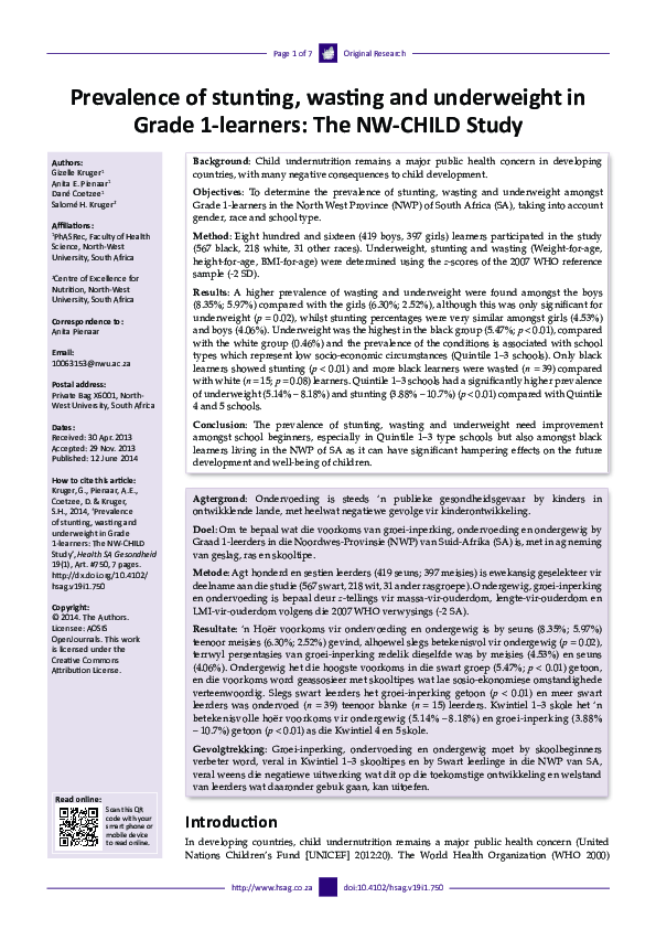 (PDF) Prevalence of stunting, wasting and underweight in Grade 1 ...