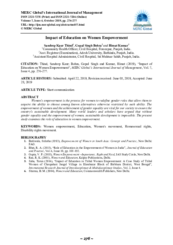 (PDF) Impact of Education on Women Empowerment