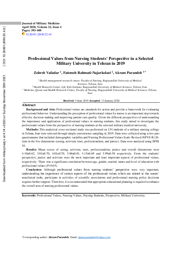 (PDF) Professional Values from Nursing Students’ Perspective in a ...