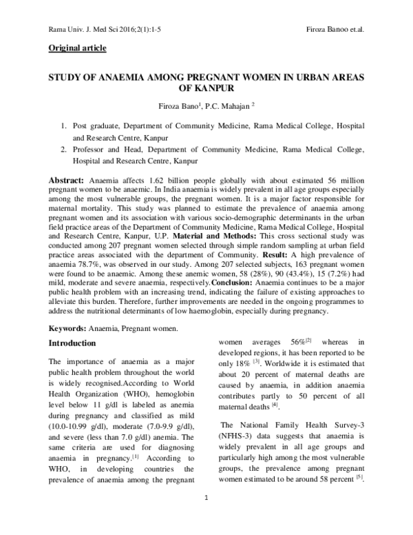 (PDF) Study of Anaemia Among Pregnant Women in Urban Areas of Kanpur
