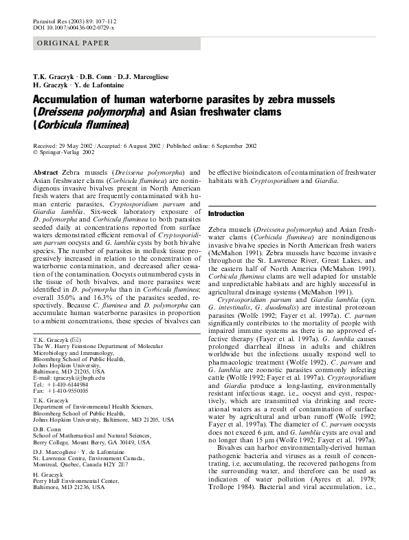 (PDF) Accumulation of human waterborne parasites by zebra mussels ...