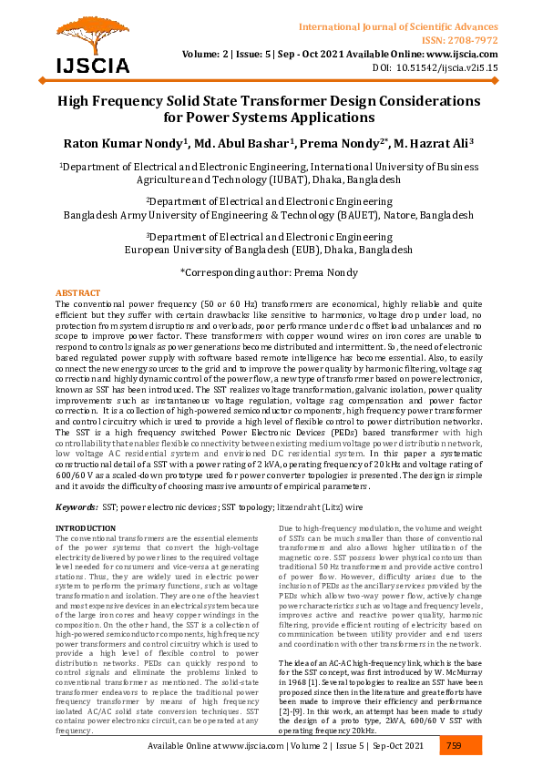 (PDF) High Frequency Solid State Transformer Design Considerations for ...