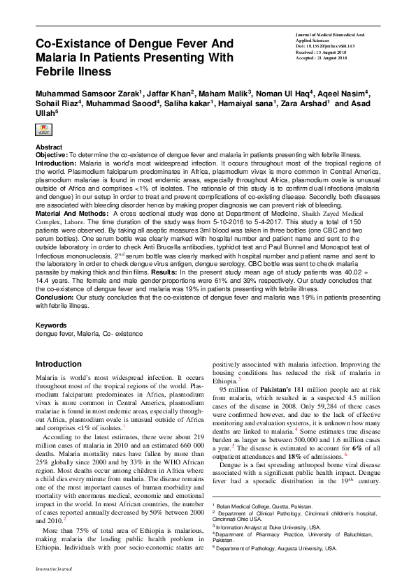 (PDF) Co-Existance of Dengue Fever And Malaria In Patients Presenting ...