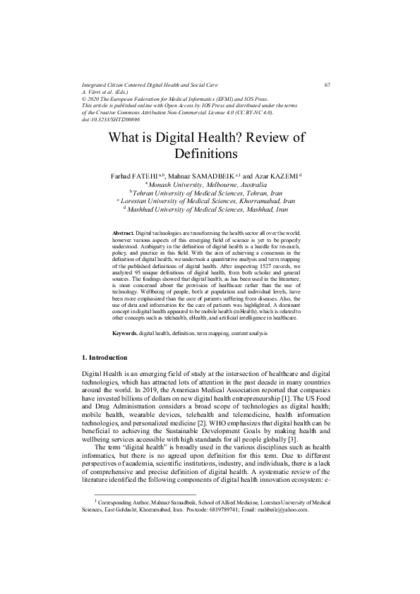 (PDF) What is Digital Health? Review of Definitions azar kazemi