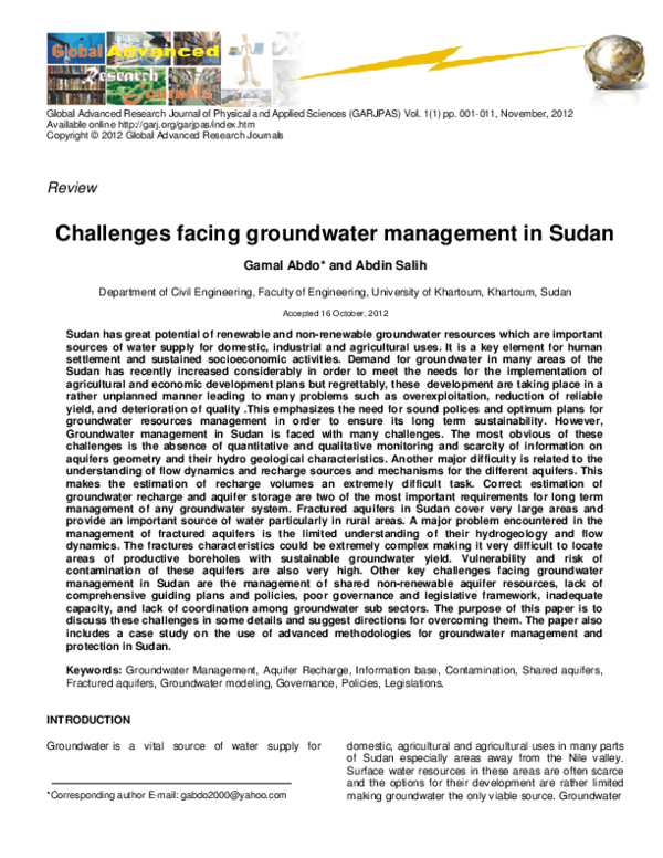 (PDF) Challenges Facing Groundwater Management in Sudan