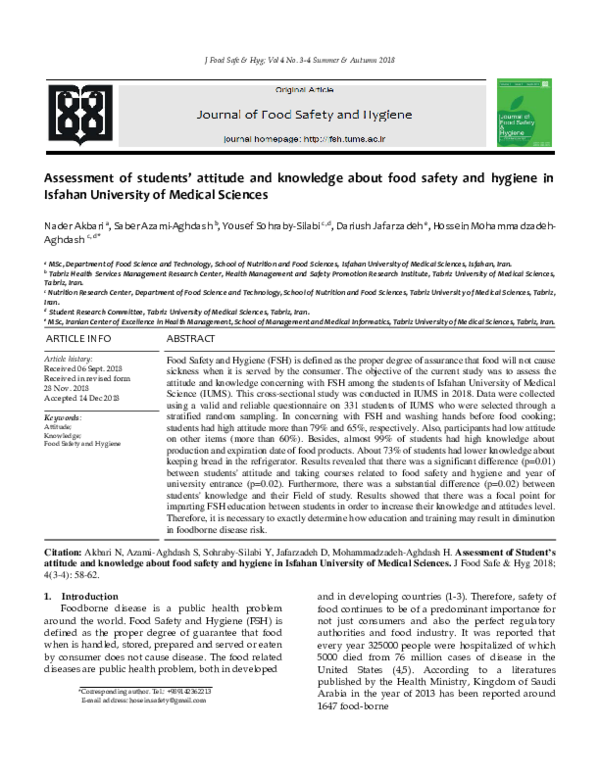 (PDF) Assessment of students’ attitude and knowledge about food safety ...