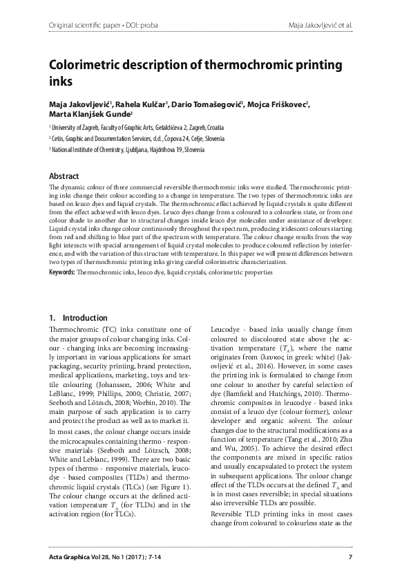 (PDF) Colorimetric description of thermochromic printing inks Rahela Kulčar Academia.edu