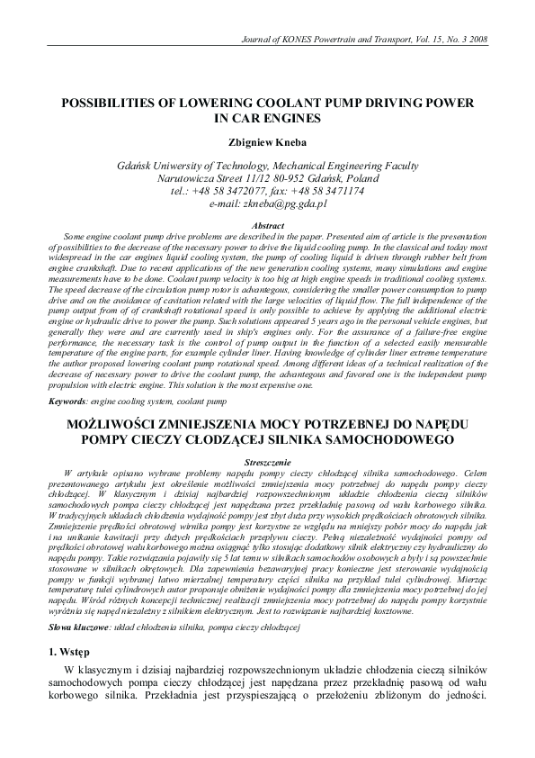 (PDF) Possibilities of lowering coolant pump driving power in car engines