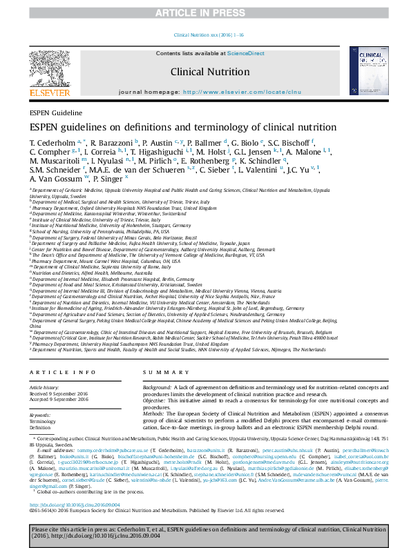 (PDF) ESPEN guidelines on definitions and terminology of clinical nutrition