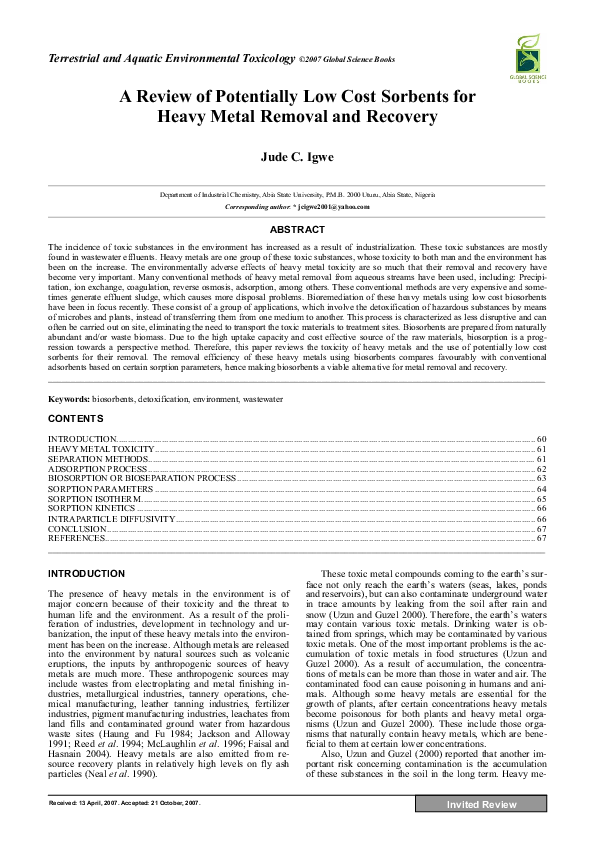 (PDF) A Review of Potentially Low Cost Sorbents for Heavy Metal Removal ...