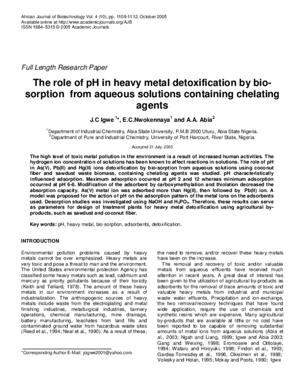 (PDF) The role of pH in heavy metal detoxification by biosorption from ...