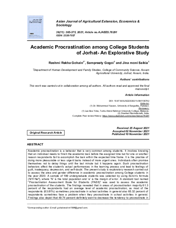(PDF) Academic Procrastination among College Students of Jorhat- An ...