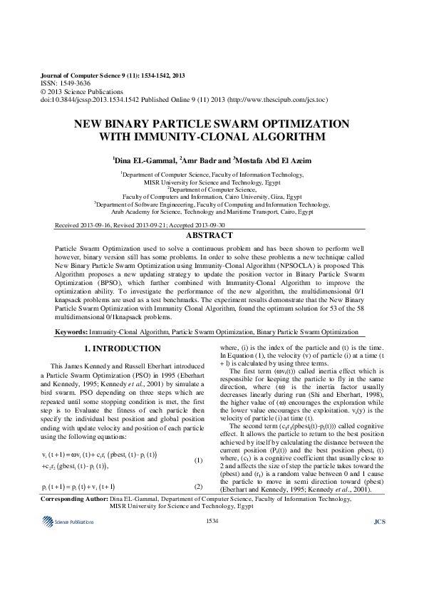 (PDF) New Binary Particle Swarm Optimization with Immunity-Clonal Algorithm