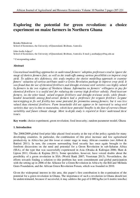 (PDF) Exploring the potential for green revolution: a choice experiment ...