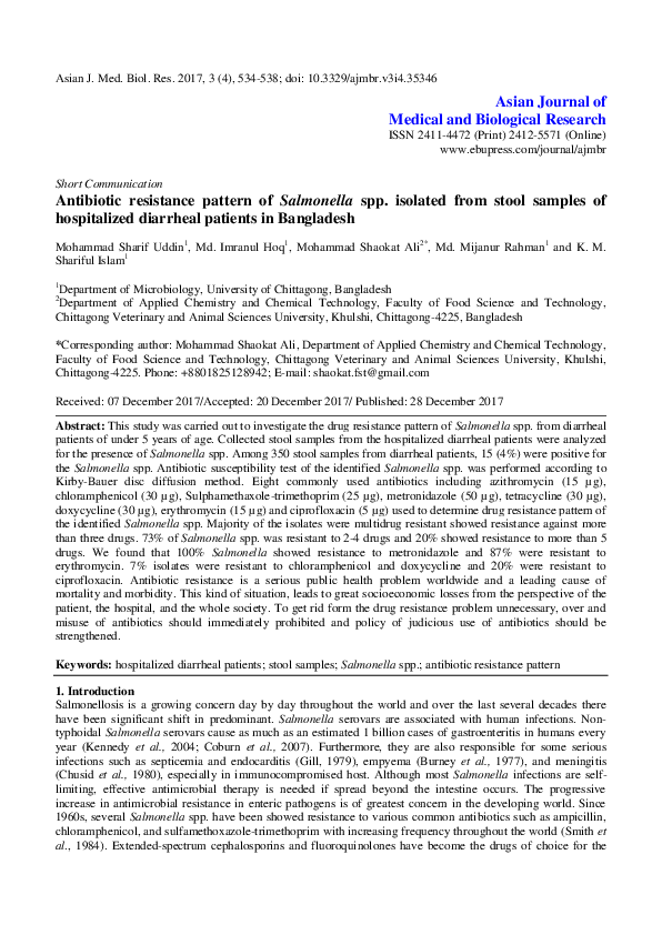 (PDF) Antibiotic resistance pattern of Salmonella spp. isolated from ...