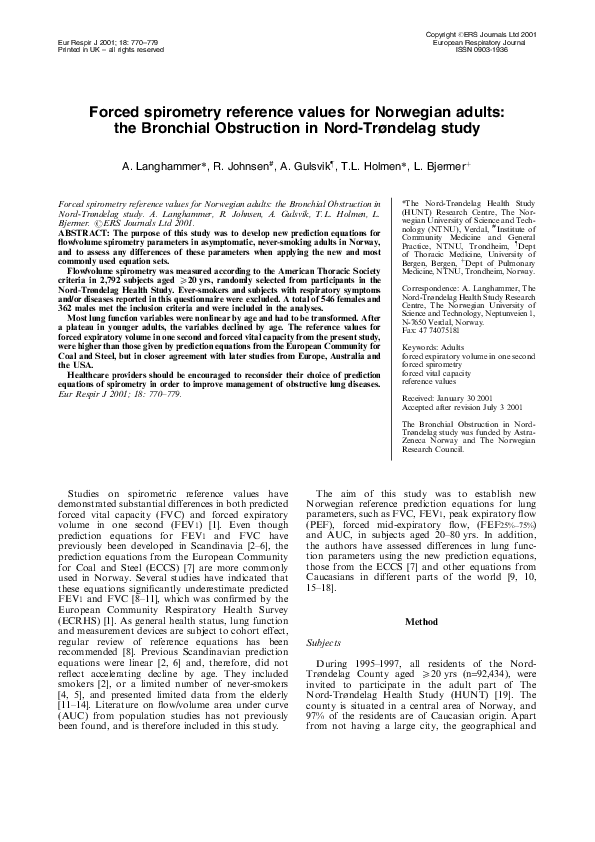 (PDF) Forced spirometry reference values for Norwegian adults the