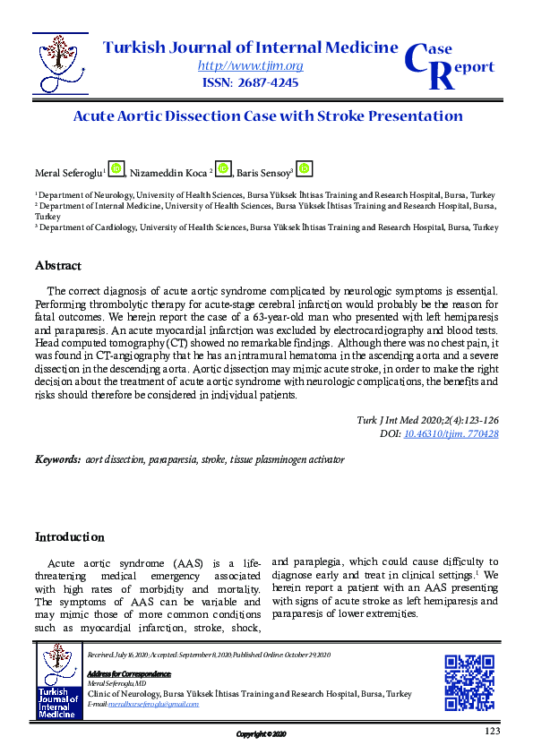 (PDF) Acute aortic dissection case with stroke presentation