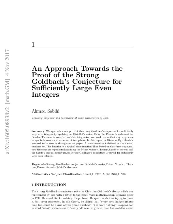 (PDF) An approach towards the proof of the strong Goldbach's conjecture ...