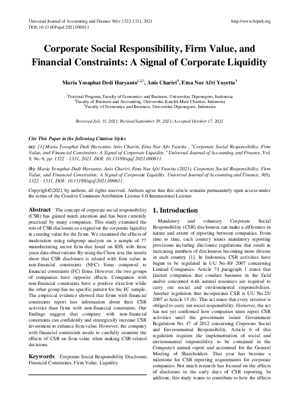 (PDF) Corporate Social Responsibility, Firm Value, and Financial ...
