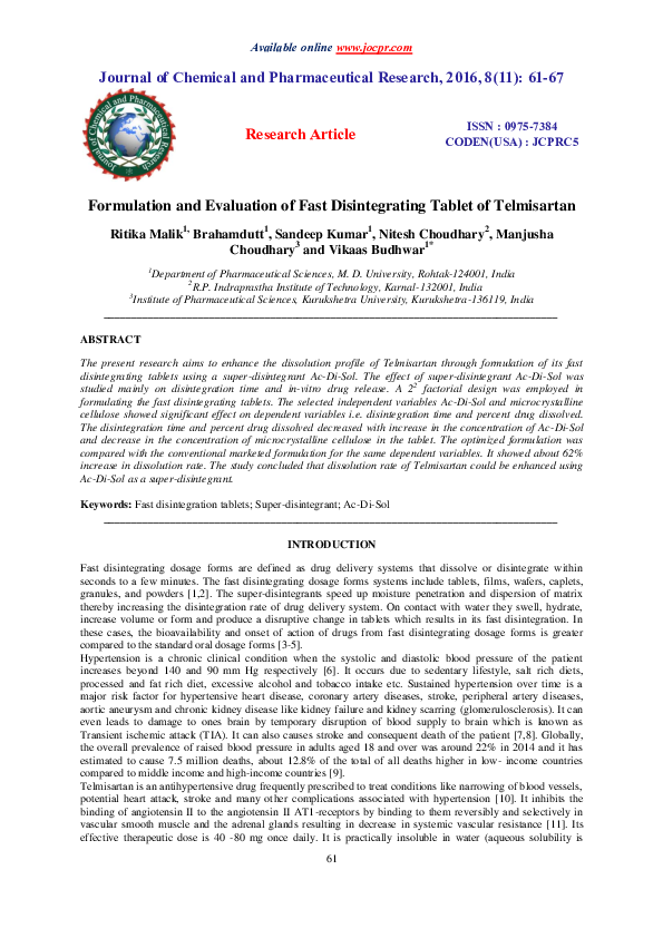 (PDF) Formulation and Evaluation of Fast Disintegrating Tablet of ...