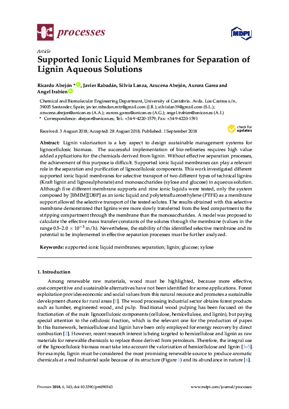 (PDF) Supported Ionic Liquid Membranes for Separation of Lignin Aqueous ...