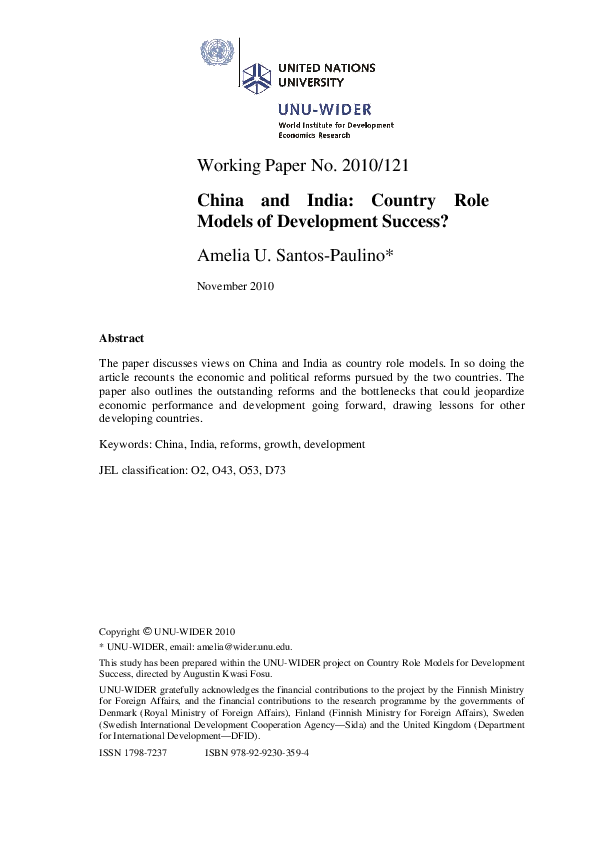 (PDF) China and India: Country Role Models of Development Success?