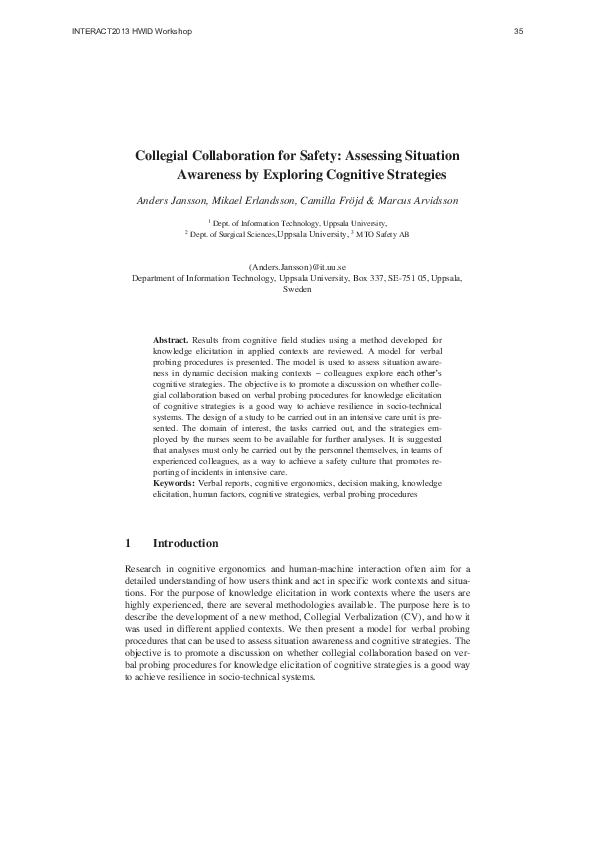  PDF Collegial Collaboration For Safety Assessing Situation Awareness By Exploring Cognitive 