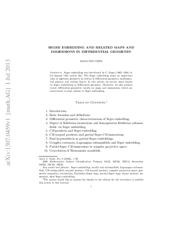 (PDF) Segre Embedding and Related Maps and Immersions in Differential ...