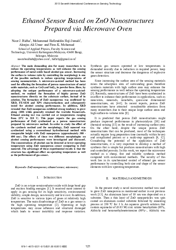 (PDF) Ethanol sensor based on ZnO nanostructures prepared via microwave ...